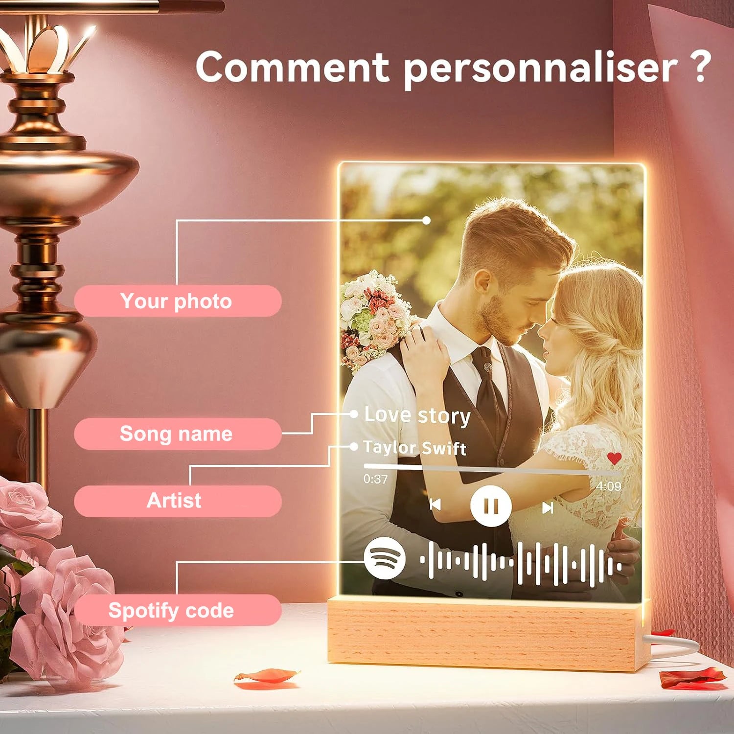 Personalized Acrylic Music Plaque with Photo & LED Light – Custom Song Frame Gift for Couples, Mom & Family