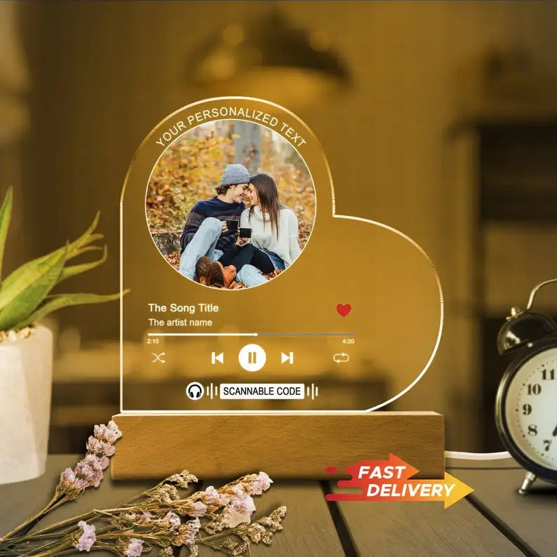 Personalized Acrylic Music Plaque with Photo & LED Light – Custom Song Frame Gift for Couples, Mom & Family