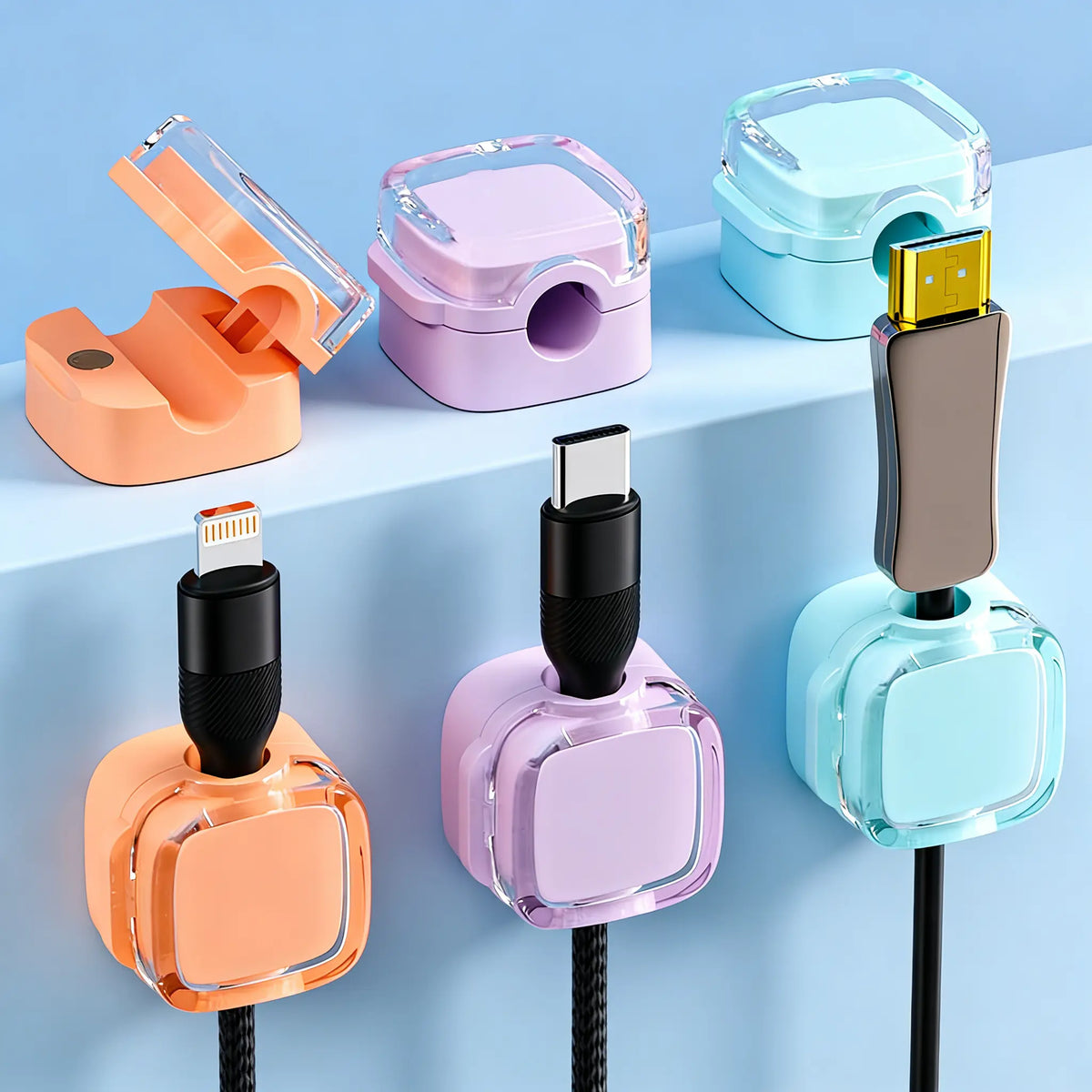 Magnetic cable organizer clips holding charging cables