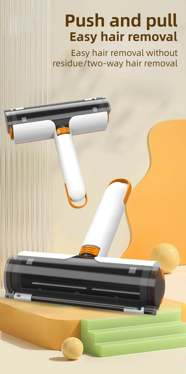 Reusable pet hair roller with two-way cleaning head