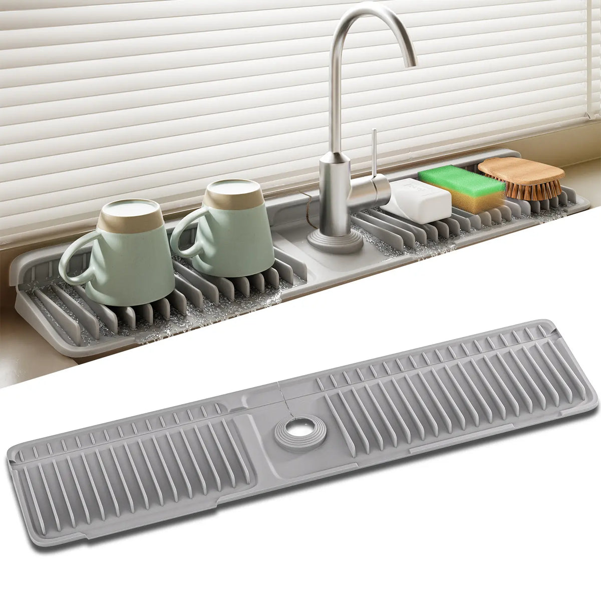Self-draining silicone faucet mat with drying ridges